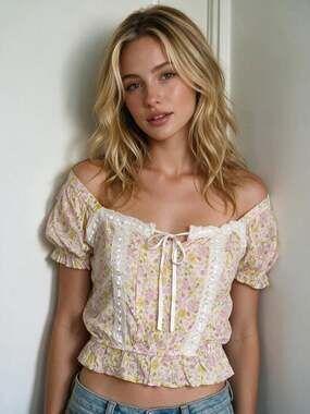 Womens Size XL Floral Lace Milkmaid Crop Top Blouse Cottagecore Romantic Coquett